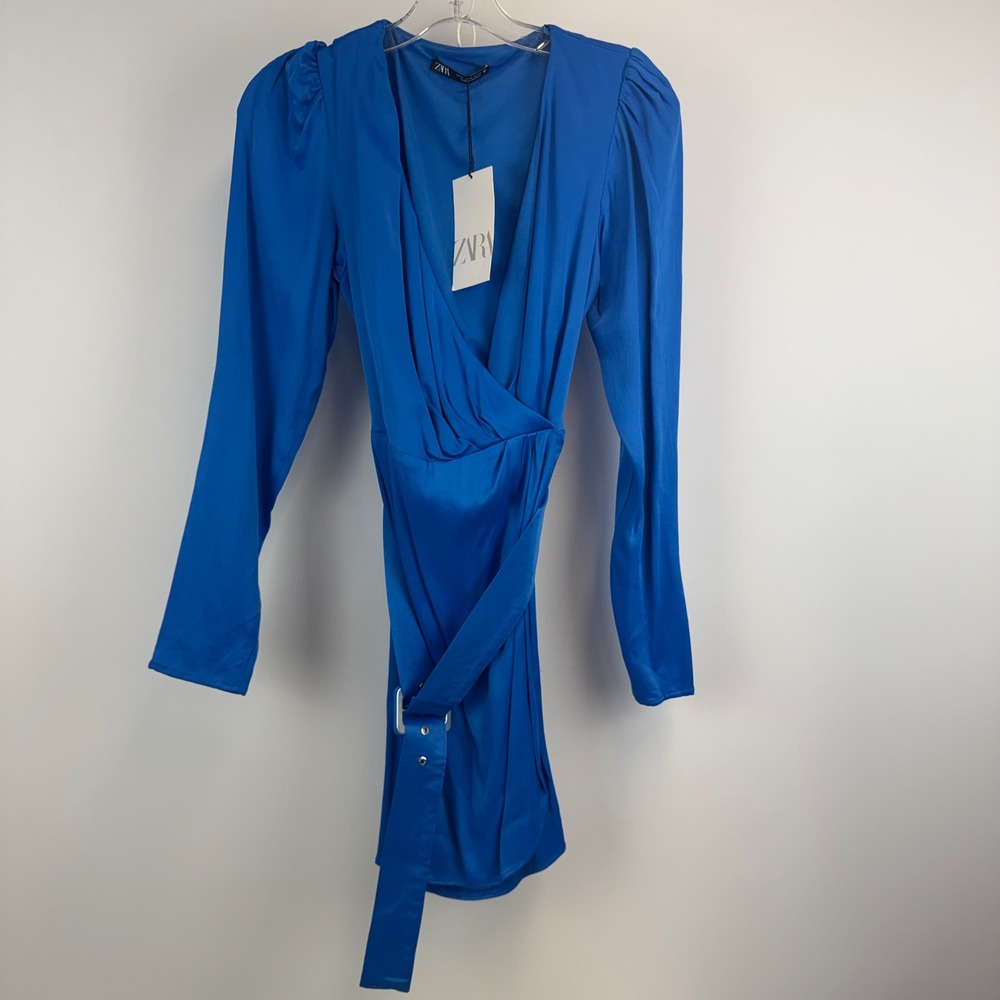 Zara Blue Long Sleeve Wrap Mini Dress Belted Waist 8342/427/400 Womens M NWT